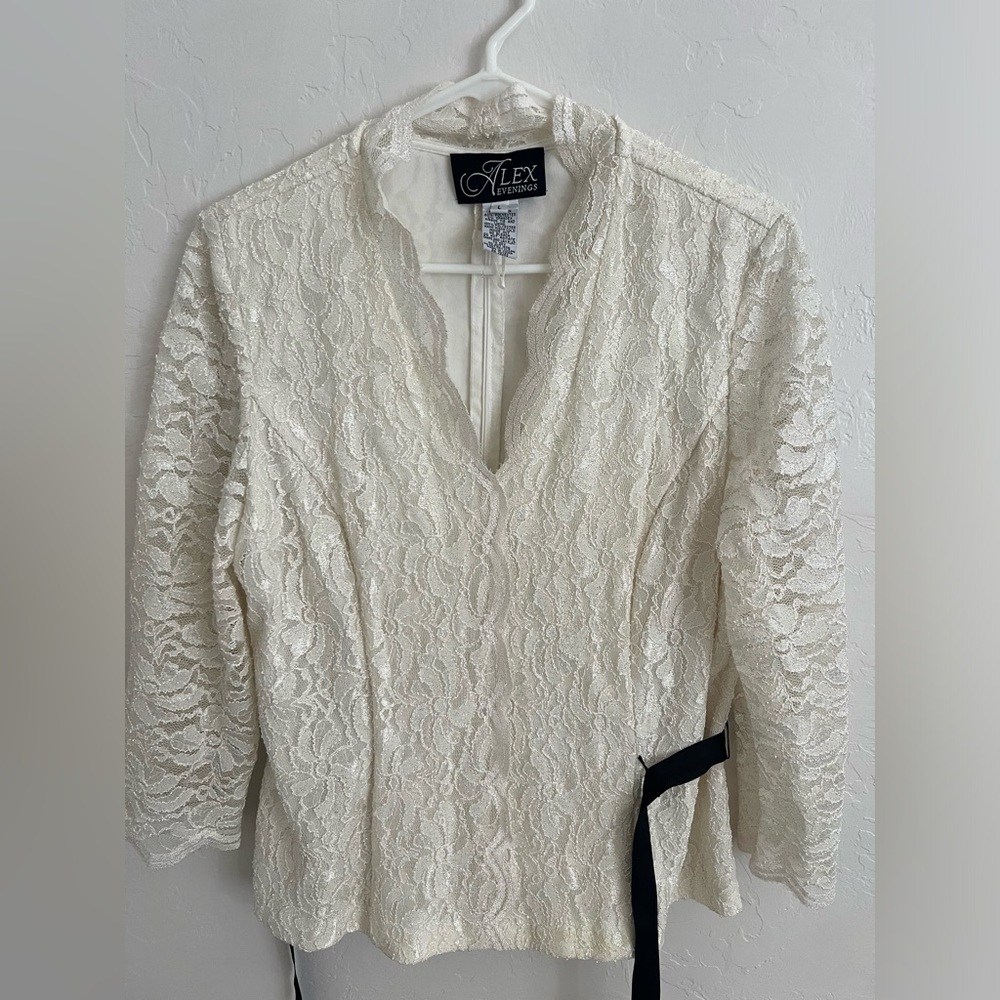 Alex Evenings Belted Glitter Lace Blouse L